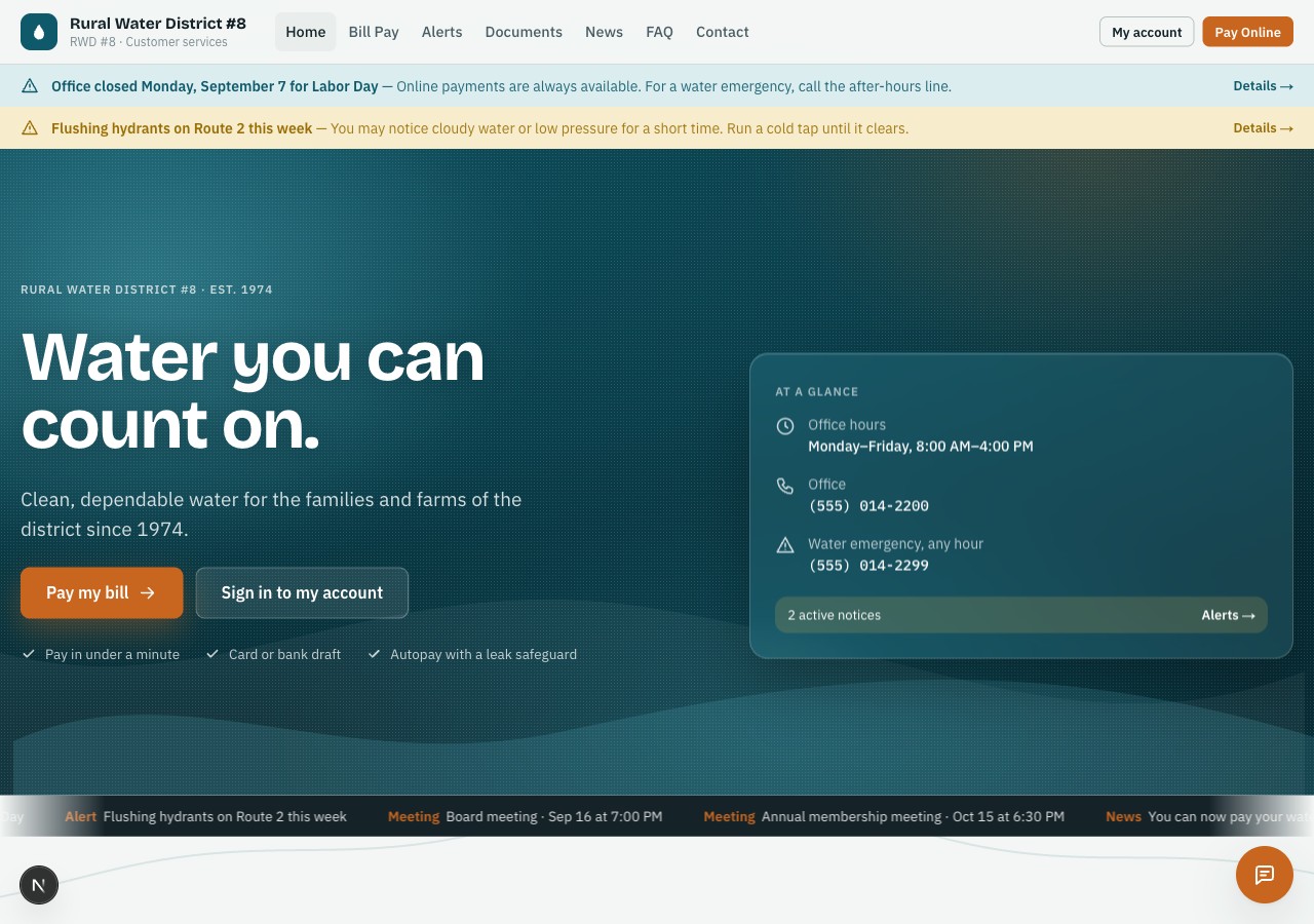 SEK Waterline public website for a rural water district, with service status and live news ticker