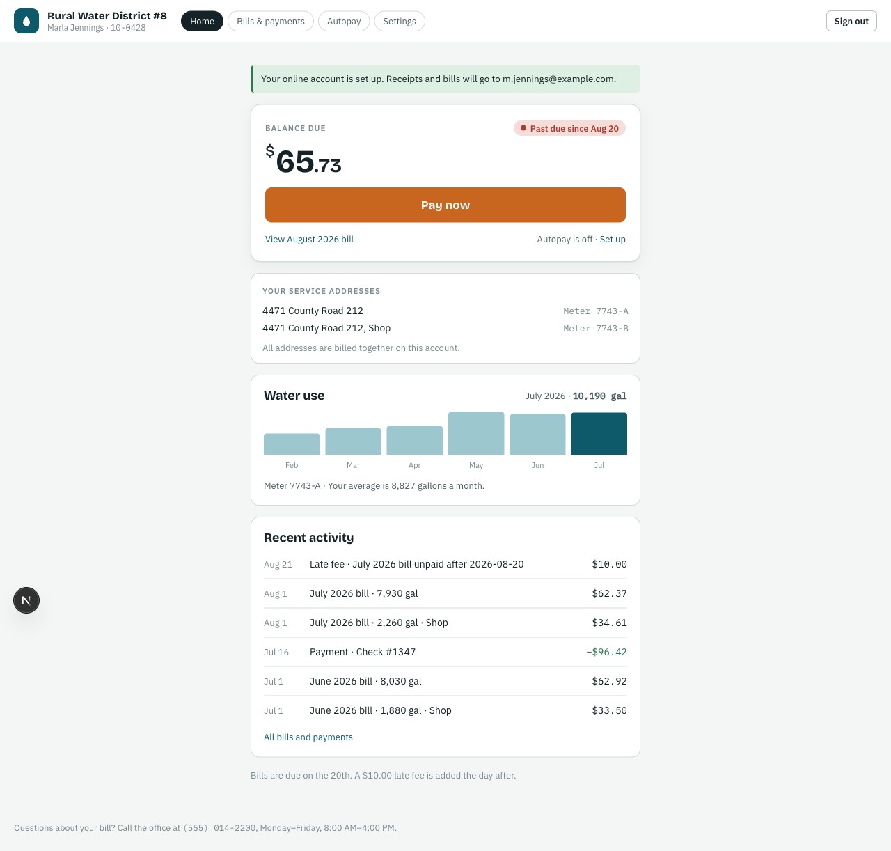 Customer portal with balance, pay now, water-use chart and activity