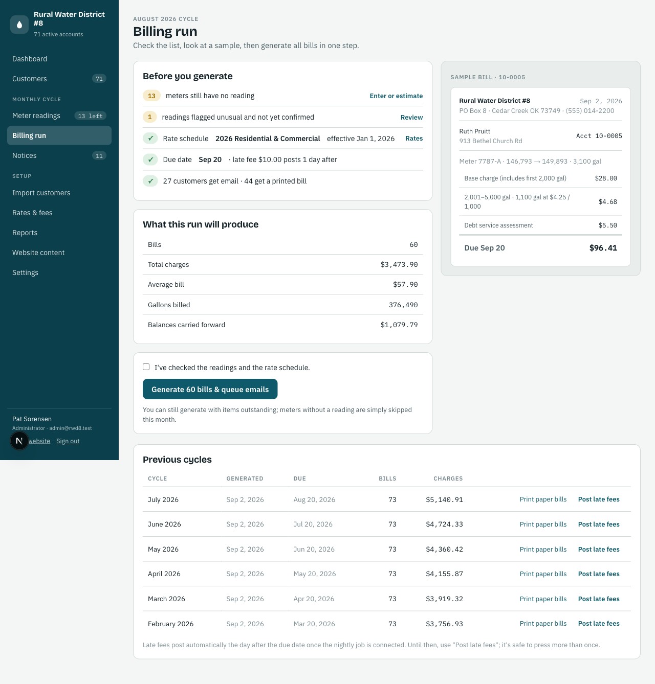 Billing run with pre-flight checklist and sample bill