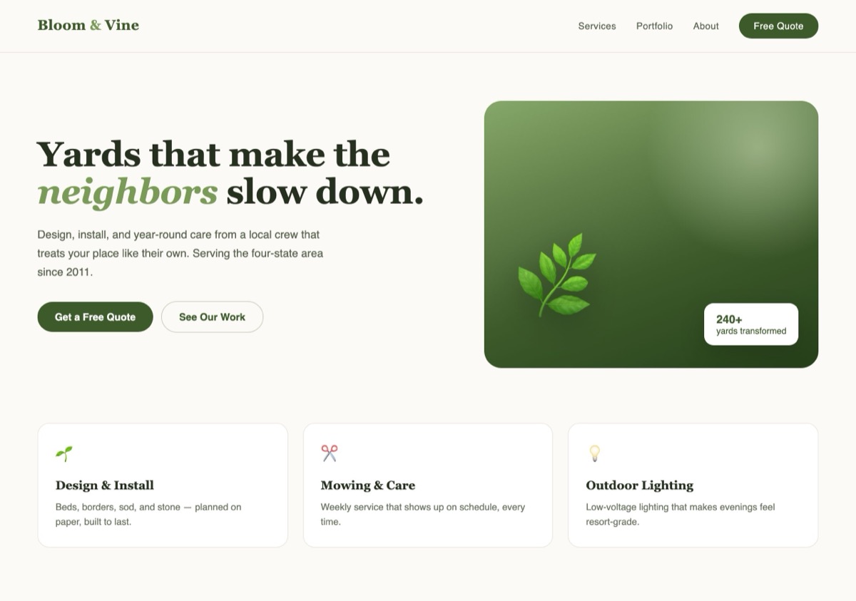 Concept website design for a landscaping business — one of three example sites